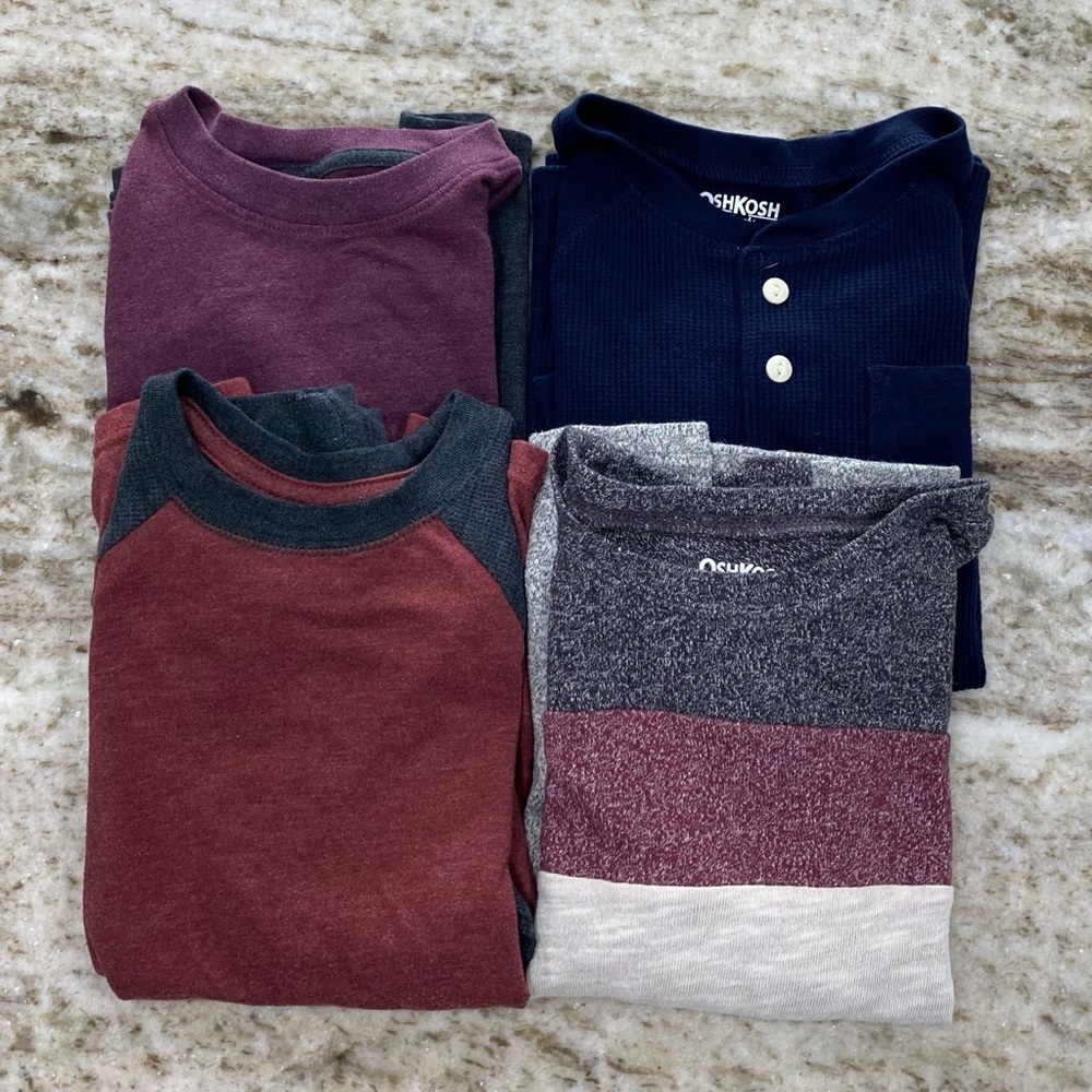4- boys Long Sleeve Tops - Burgundy, Navy, Gray all size 7 OshKosh, Cat & Jack
